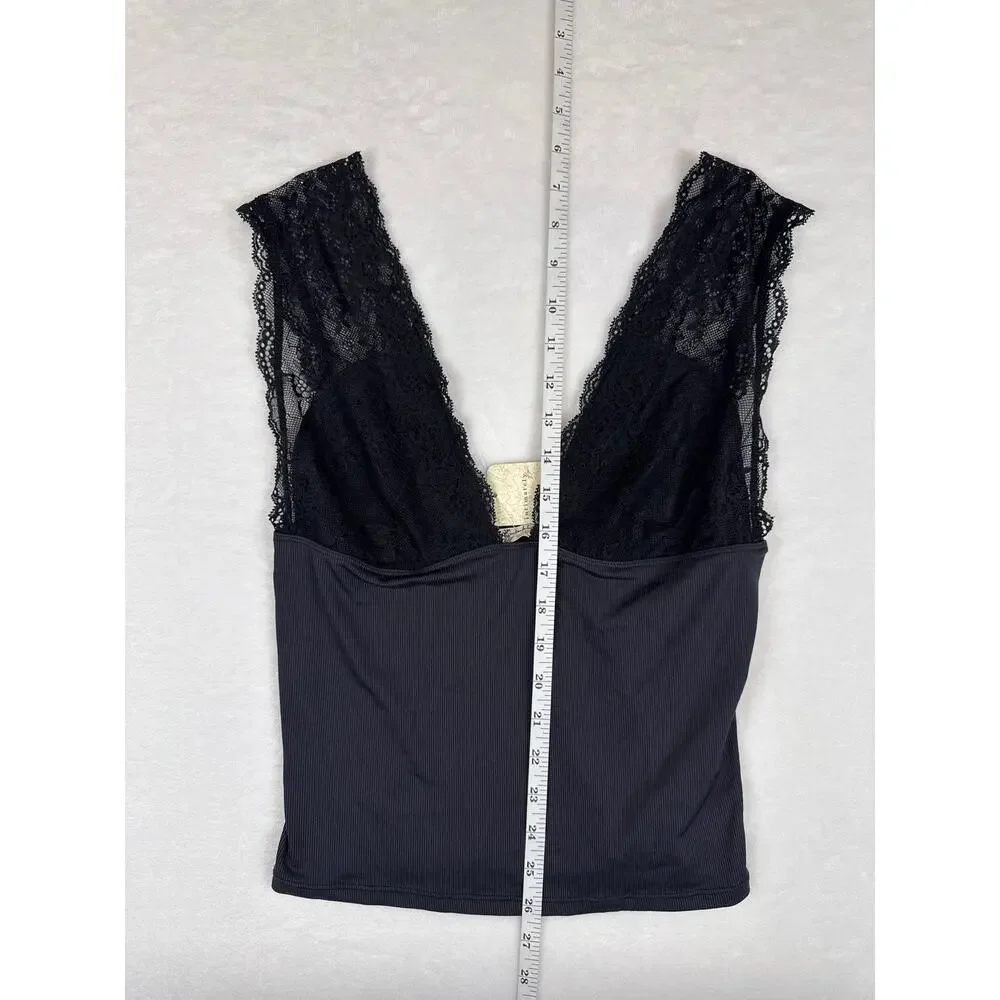 NWT Free People Power Play Cami Black Lace V Neck Ribbed Tank Size Medium
